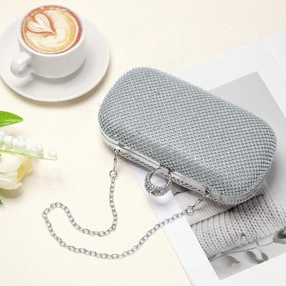 Women Silver Sparkly Rhinestone Evening Clutch Purse Crystal Ring Clasp Handbag - Picture 6 of 6